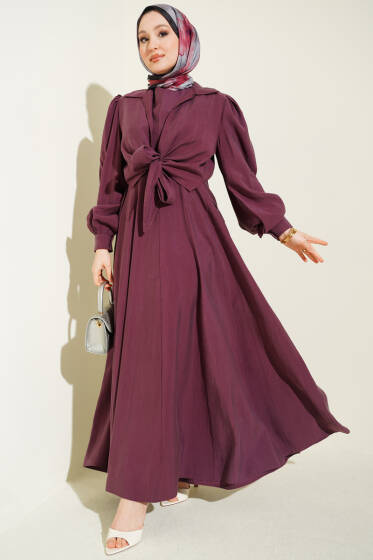 Yaka Bağlamalı Jile Elbise Bordo - Elbise