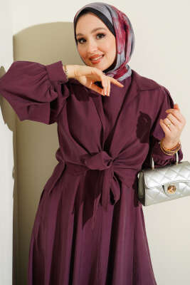 Yaka Bağlamalı Jile Elbise Bordo - Elbise