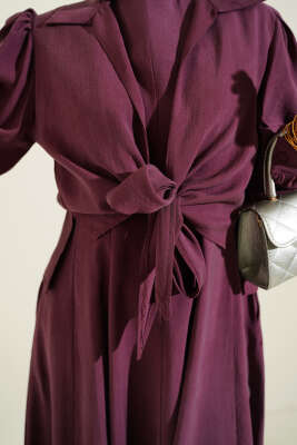 Yaka Bağlamalı Jile Elbise Bordo - Elbise