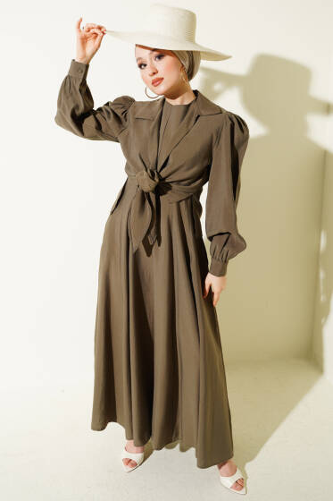 Yaka Bağlamalı Jile Elbise Haki - Elbise