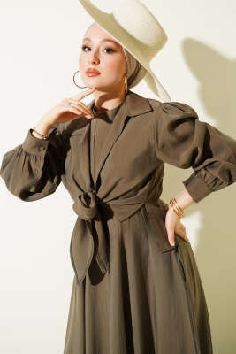 Yaka Bağlamalı Jile Elbise Haki - Elbise