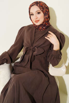 Yaka Bağlamalı Jile Elbise Kahve - TABA