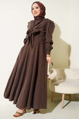 Yaka Bağlamalı Jile Elbise Kahve - Elbise