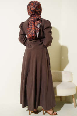 Yaka Bağlamalı Jile Elbise Kahve - Elbise