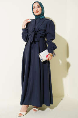 Yaka Bağlamalı Jile Elbise Lacivert - TABA