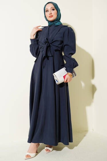 Yaka Bağlamalı Jile Elbise Lacivert - Elbise