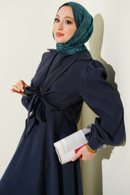 Yaka Bağlamalı Jile Elbise Lacivert - Elbise