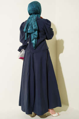 Yaka Bağlamalı Jile Elbise Lacivert - Elbise