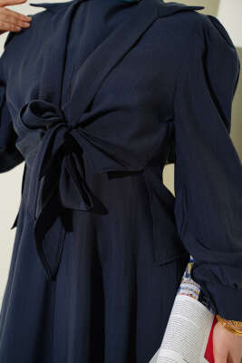 Yaka Bağlamalı Jile Elbise Lacivert - Elbise