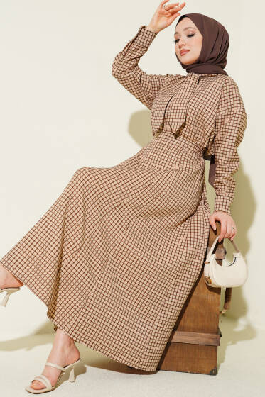 Yaka Bağlamalı Kareli Etekli Takım Bej - İkili Takım
