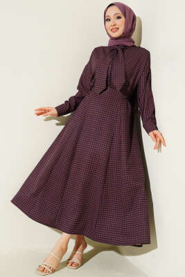 Yaka Bağlamalı Kareli Etekli Takım Burgonya - ZAMANE (QSS)