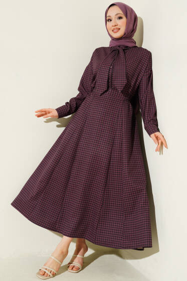 Yaka Bağlamalı Kareli Etekli Takım Burgonya - İkili Takım