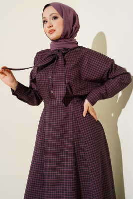 Yaka Bağlamalı Kareli Etekli Takım Burgonya - İkili Takım