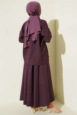 Yaka Bağlamalı Kareli Etekli Takım Burgonya - İkili Takım