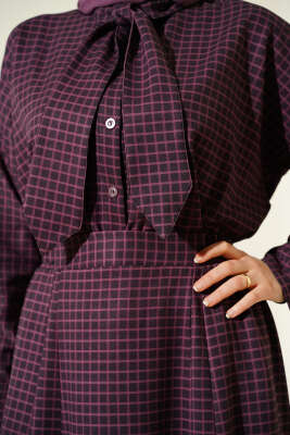 Yaka Bağlamalı Kareli Etekli Takım Burgonya - İkili Takım