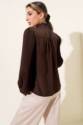 Yaka Bağlamalı Piliseli Kısa Gömlek Kahve - Kadın Giyim Modelleri