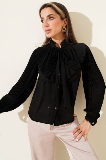 Yaka Bağlamalı Piliseli Kısa Gömlek Siyah - Kadın Giyim Modelleri