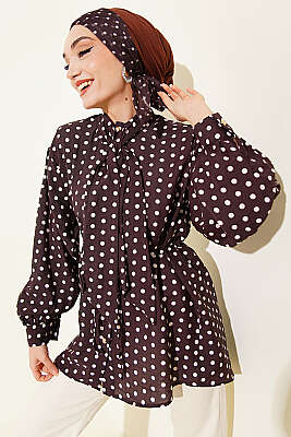 Yaka Bağlamalı Puantiyeli Gömlek Acı Kahve - MUSTİ