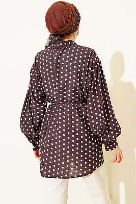 Yaka Bağlamalı Puantiyeli Gömlek Acı Kahve - Gömlek