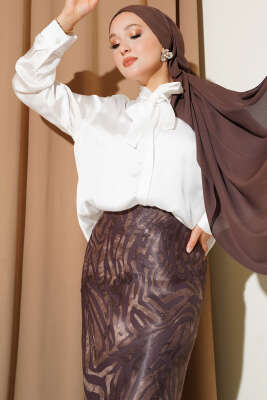 Yaka Bağlamalı Saten Gömlek Beyaz - TİLLE