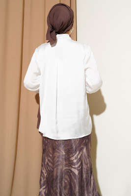 Yaka Bağlamalı Saten Gömlek Beyaz - Yılın Fırsatı