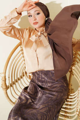 Yaka Bağlamalı Saten Gömlek Camel - TİLLE