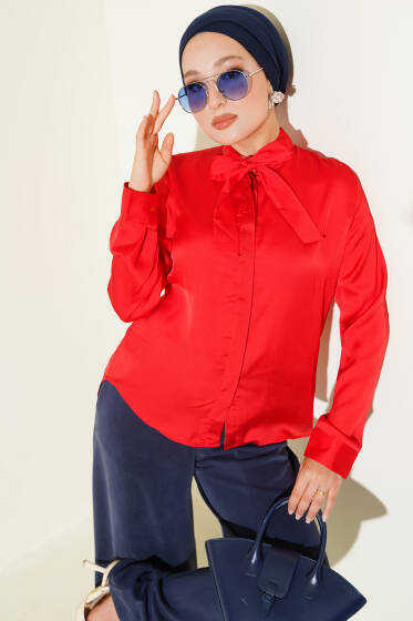 Yaka Bağlamalı Saten Gömlek Kırmızı - Gömlek