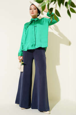 Yaka Bağlamalı Saten Gömlek Yeşil - Yılın Fırsatı