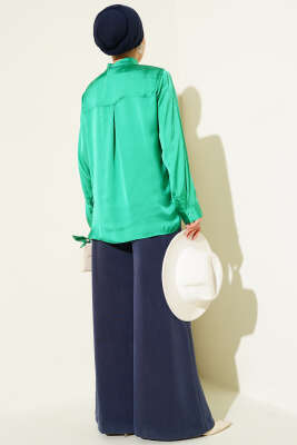 Yaka Bağlamalı Saten Gömlek Yeşil - Yılın Fırsatı