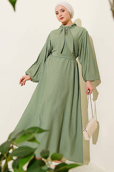 Yaka Bağlamalı Yarım Düğmeli Elbise Çağla Yeşili - Elbise