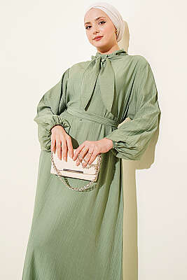 Yaka Bağlamalı Yarım Düğmeli Elbise Çağla Yeşili - Elbise