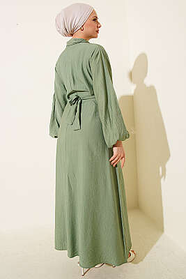 Yaka Bağlamalı Yarım Düğmeli Elbise Çağla Yeşili - Elbise