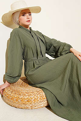 Yaka Bağlamalı Yarım Düğmeli Elbise Haki - NEVA MODA