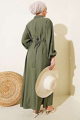 Yaka Bağlamalı Yarım Düğmeli Elbise Haki - Elbise