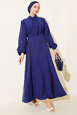 Yaka Bağlamalı Yarım Düğmeli Elbise Lacivert - NEVA MODA