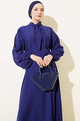 Yaka Bağlamalı Yarım Düğmeli Elbise Lacivert - Elbise