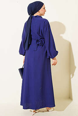 Yaka Bağlamalı Yarım Düğmeli Elbise Lacivert - Elbise