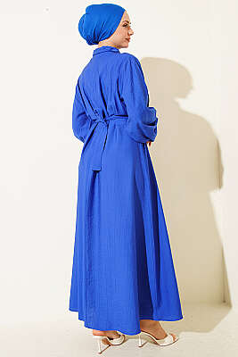 Yaka Bağlamalı Yarım Düğmeli Elbise Saks - Elbise