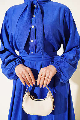 Yaka Bağlamalı Yarım Düğmeli Elbise Saks - Elbise