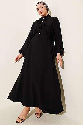 Yaka Bağlamalı Yarım Düğmeli Elbise Siyah - NEVA MODA