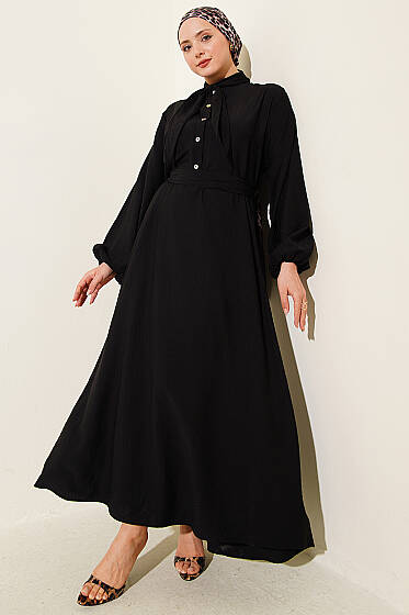 Yaka Bağlamalı Yarım Düğmeli Elbise Siyah - Elbise