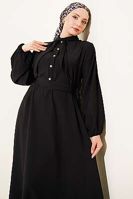 Yaka Bağlamalı Yarım Düğmeli Elbise Siyah - Elbise