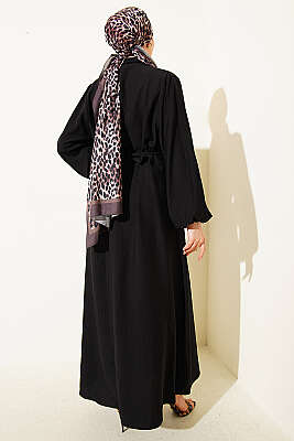 Yaka Bağlamalı Yarım Düğmeli Elbise Siyah - Elbise