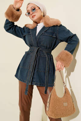 Yaka Bilek Kürklü Kot Ceket Kot - FİXAY