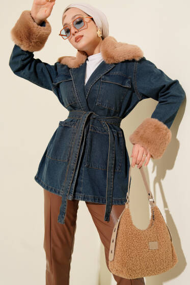 Yaka Bilek Kürklü Kot Ceket Kot - Ceket