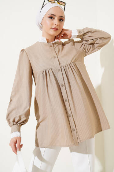 Yaka Brodeli Çizgili Gömlek Bej - Gömlek