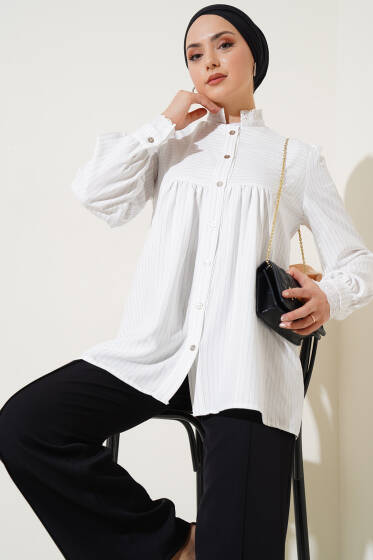 Yaka Brodeli Çizgili Gömlek Beyaz - Gömlek