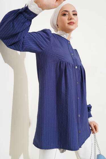Yaka Brodeli Çizgili Gömlek Lacivert - Gömlek