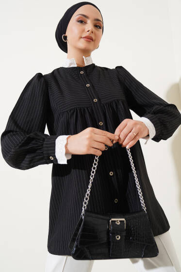 Yaka Brodeli Çizgili Gömlek Siyah - Gömlek