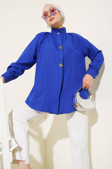 Yaka Bronşlu Gömlek Saks - Gömlek